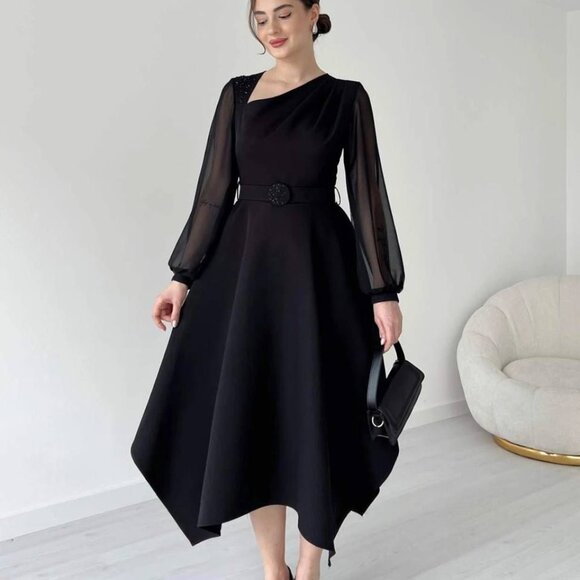 Black Sheer Sleeves Asymmetrical Cut Collar Stoned Midi Dress - S, M - Picture 2 of 5